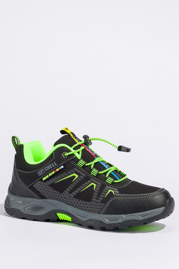 Czarne buty trekkingowe damskie buty sportowe na bieżnikowanej podeszwie z regulowaną elastyczną sznurówką seledynowe wstawki softshell Casu 2213-4W