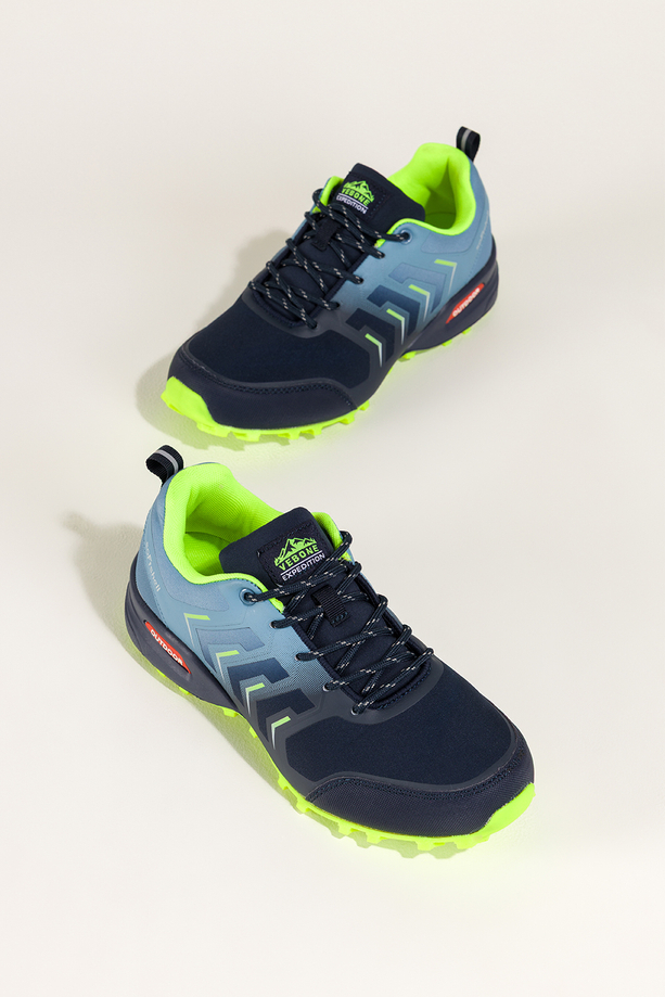 Granatowe buty trekkingowe damskie buty sportowe softshell na bieżnikowanej podeszwie seledynowe i niebieskie wstawki sznurowane Carla EY82976-89