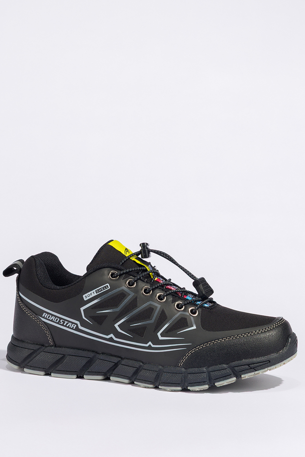 Czarne buty trekkingowe damskie buty sportowe na bieżnikowanej podeszwie z regulowaną elastyczną sznurówką szare wstawki softshell Casu 2309-1W
