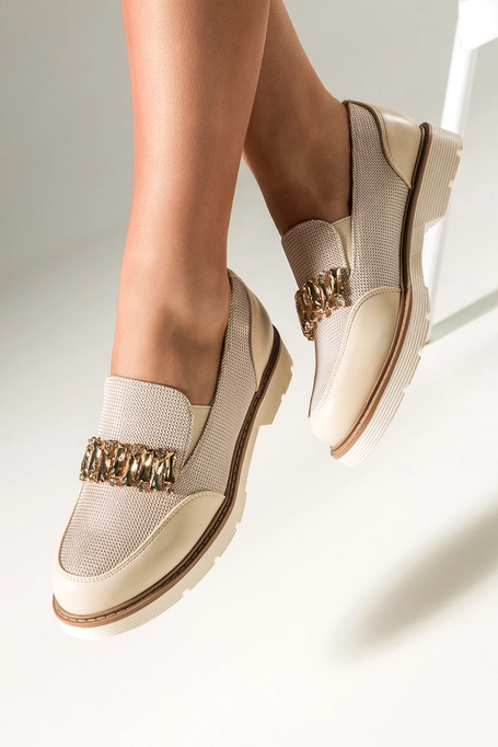 Beżowe mokasyny damskie błyszczące z kryształkami gumki w cholewce skórzana wkładka Casu JW25X5-G