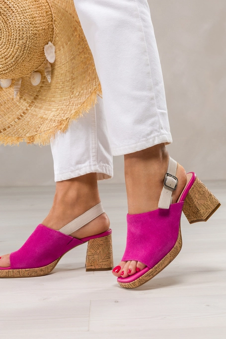 Fuksjowe sandały skórzane damskie zabudowane Sergio Leone na szerokim ozdobnym klocku SK572-S-CA