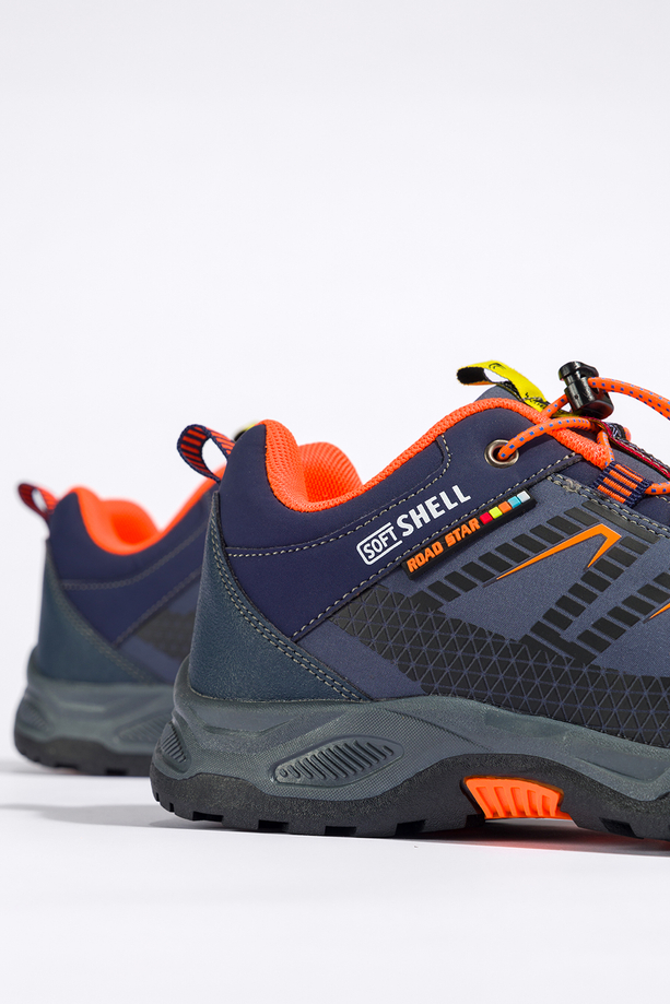 Granatowe buty trekkingowe damskie buty sportowe na bieżnikowanej podeszwie z regulowaną elastyczną sznurówką pomarańczowe wstawki softshell Casu 2213-5W
