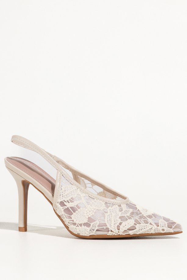 Beżowe czółenka damskie szpilki koronkowe odkryta pięta guma w pasku Carla S1-8844V