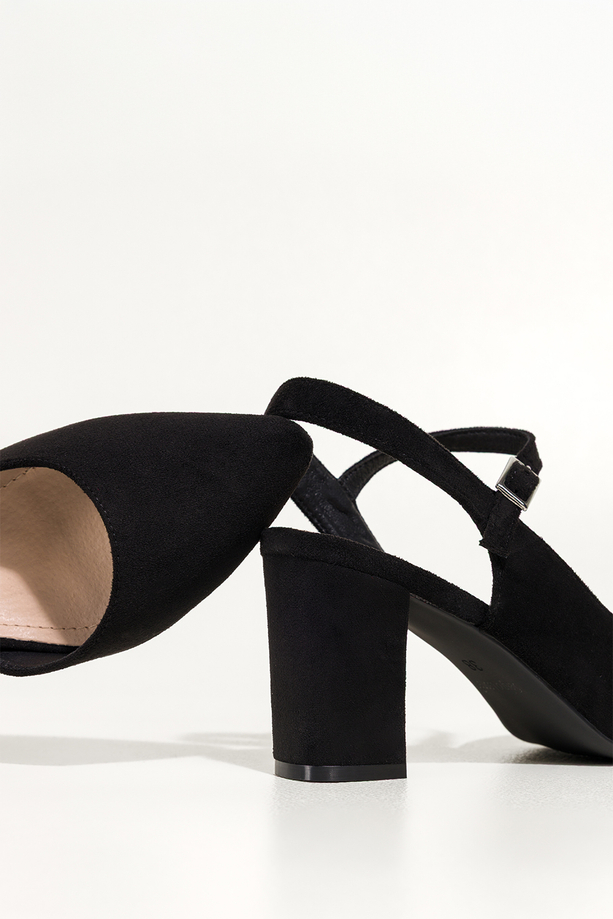 Czarne czółenka Sergio Leone na słupku z odkrytą piętą skórzana wkładka HP553