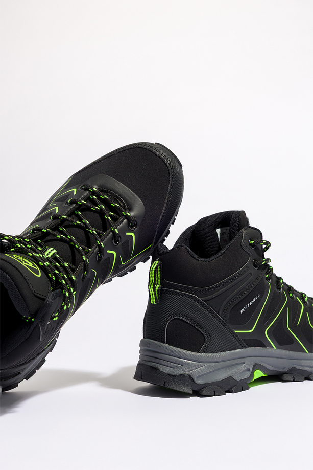 Czarne buty trekkingowe damskie z seledynowymi dodatkami sznurowane softshell Casu B2115-2