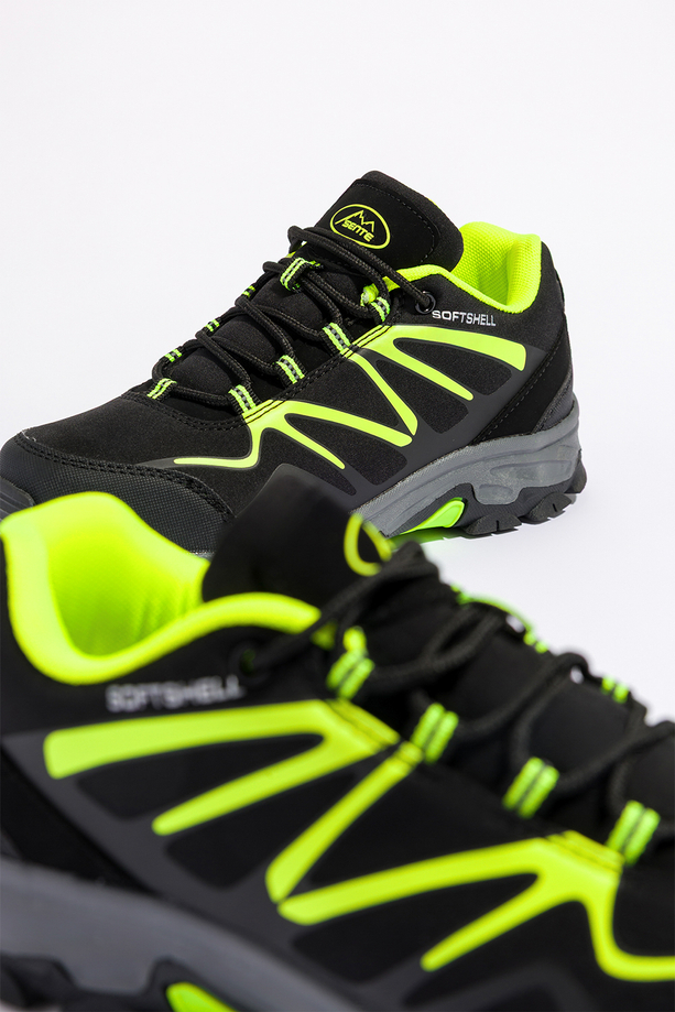 Czarne buty trekkingowe damskie z seledynowymi dodatkami sznurowane softshell Casu B2111-2