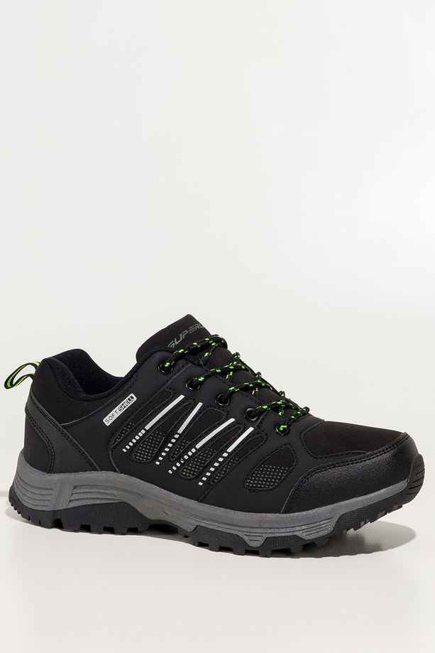 Czarne buty trekkingowe damskie buty sportowe softshell na bieżnikowanej podeszwie sznurowane białe i seledynowe wstawki Carla 1540