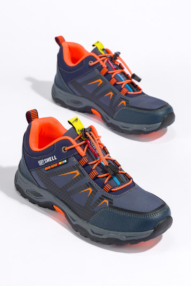 Granatowe buty trekkingowe damskie buty sportowe na bieżnikowanej podeszwie z regulowaną elastyczną sznurówką pomarańczowe wstawki softshell Casu 2213-5W