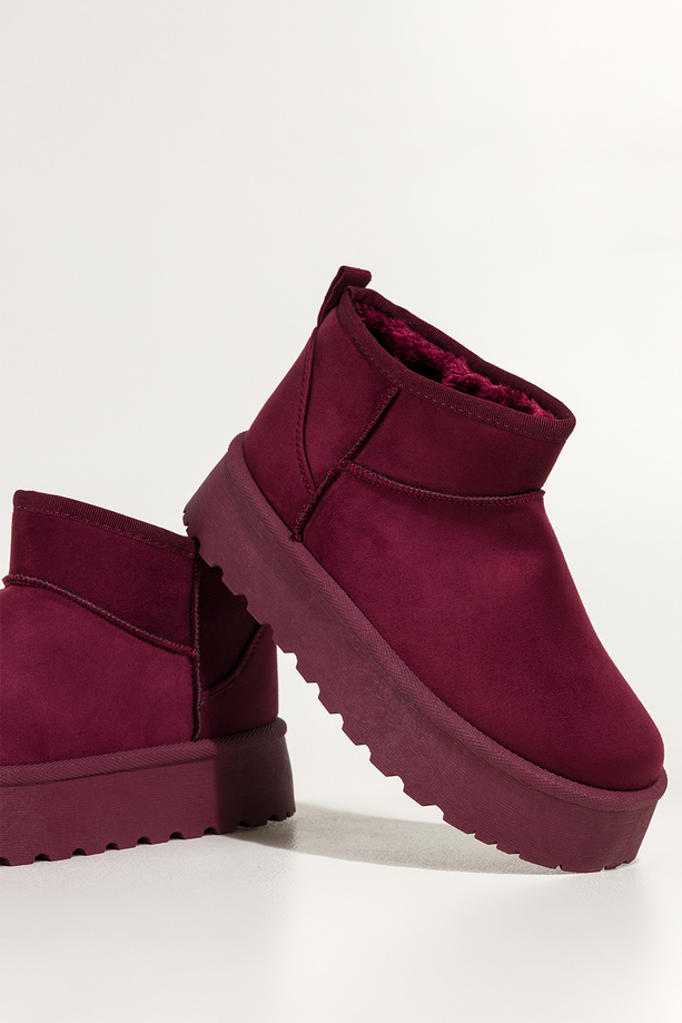 Bordowe śniegowce mukluki damskie na żłobionej platformie Casu EO758K