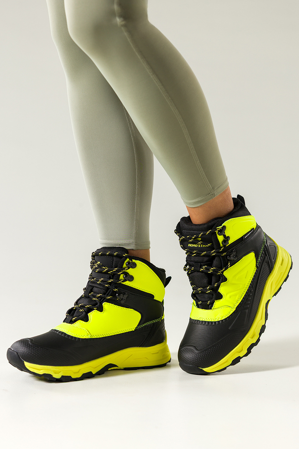 Czarne buty sportowe trekkingowe damskie wodoodporne na bieżnikowanej podeszwie sznurowane żółte wstawki Casu 7688-5D
