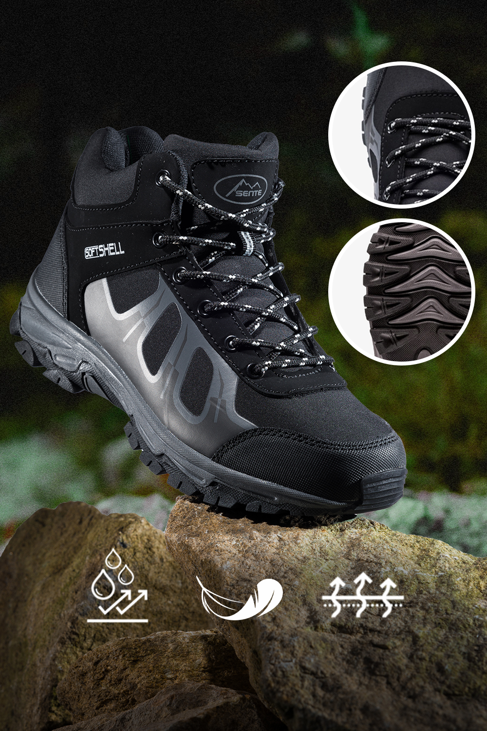 Czarne buty trekkingowe damskie sznurowane z szarymi dodatkami softshell Casu B2108-1