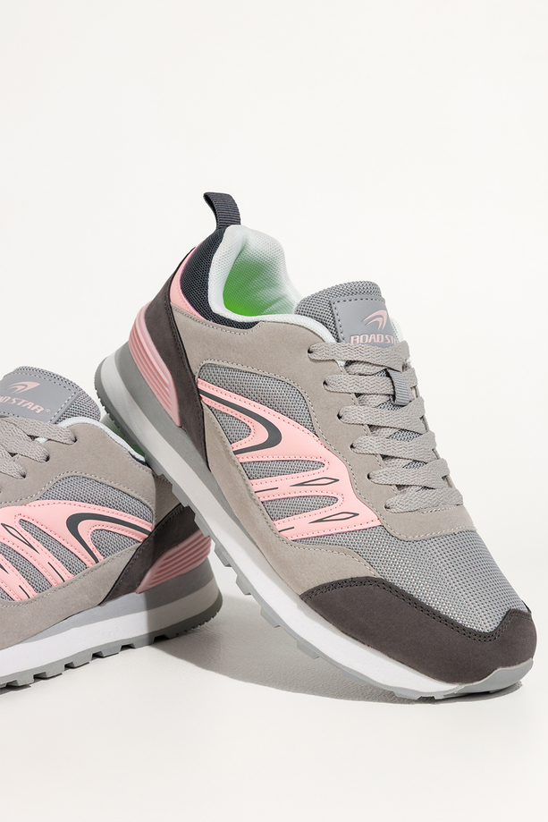 Szare sneakersy damskie buty sportowe na żłobionej podeszwie sznurowane różowe wstawki Casu 7398-0D