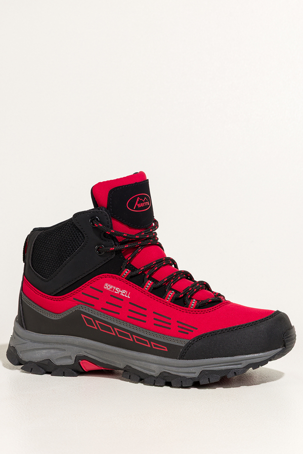Czerwone buty trekkingowe damskie z czarnymi dodatkami sznurowane softshell Casu Y7994-5