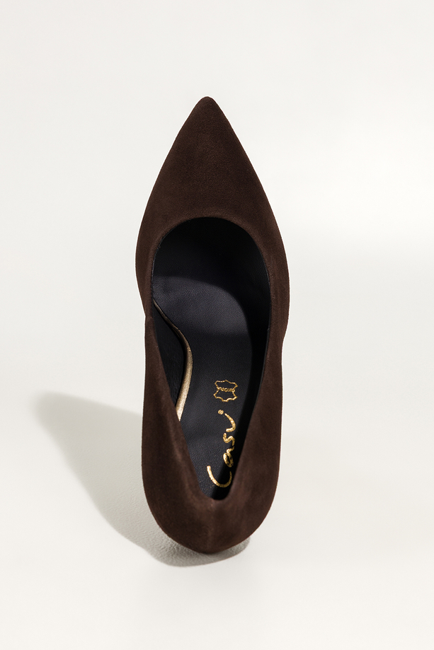 Czekoladowe szpilki damskie skórzane zamszowe klasyczne PRODUKT POLSKI Casu 8090-648