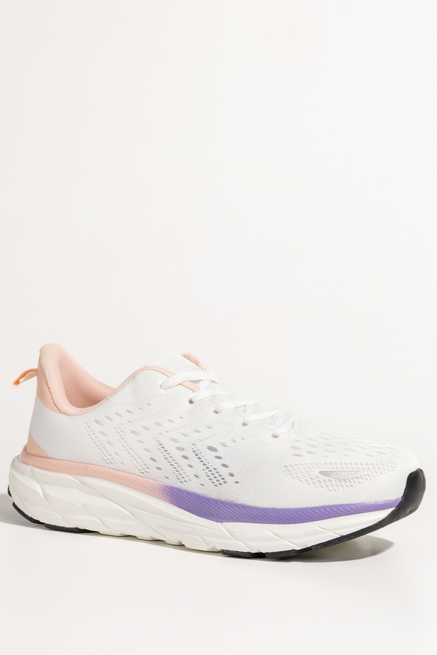Białe sneakersy damskie buty sportowe do biegania na białej platformie ze żłobieniami łososiowe wstawki sznurowane Casu BC109
