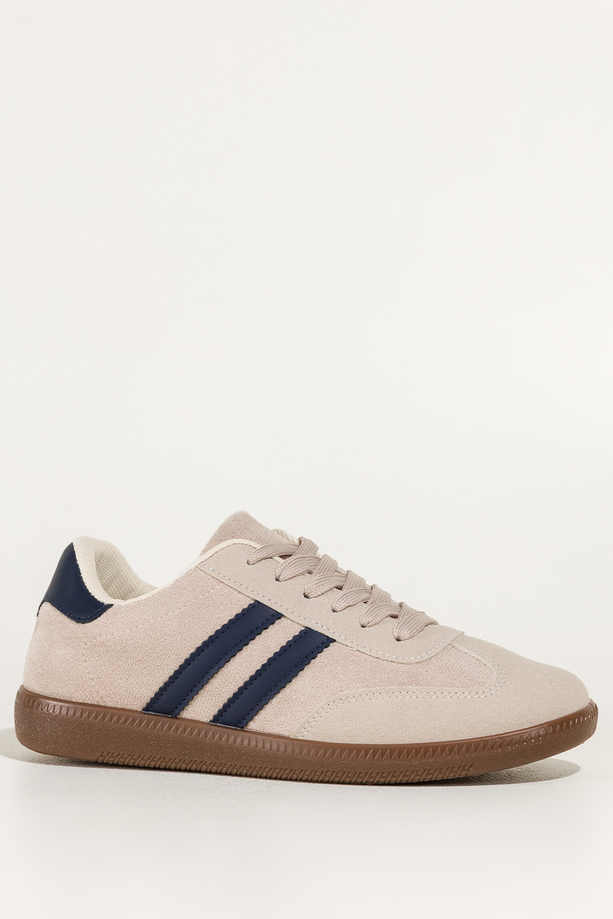 Beżowe sneakersy damskie buty sportowe na elastycznej podeszwie granatowe wstawki sznurowane Casu 22336-7