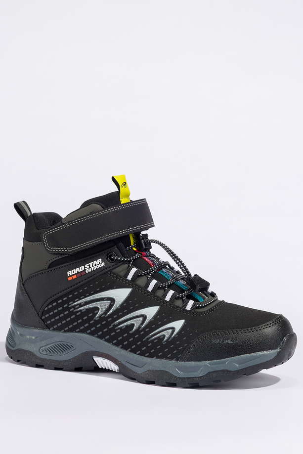 Czarne buty trekkingowe damskie na bieżnikowanej podeszwie z regulowaną elastyczną sznurówką białe wstawki softshell Casu 2310-11W