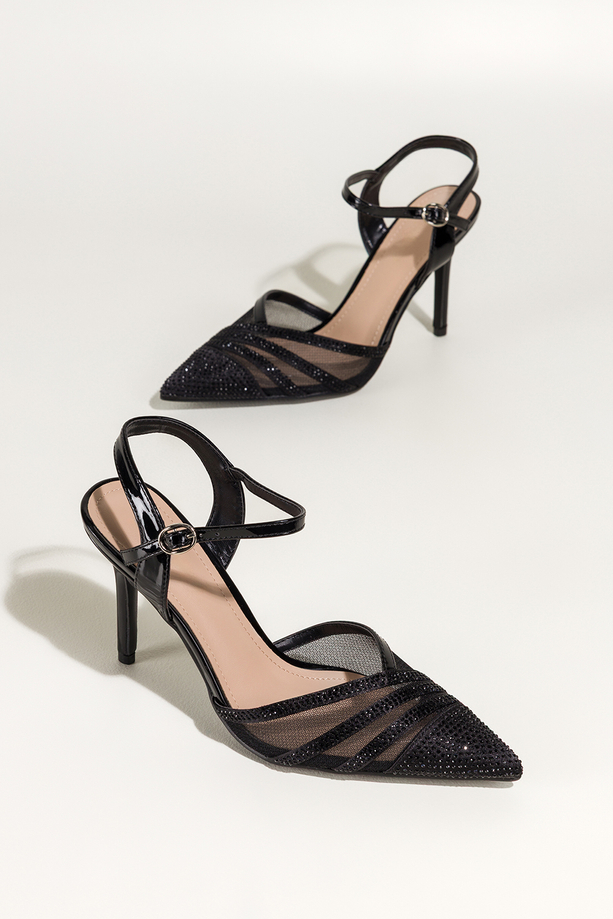 Czarne czółenka damskie szpilki z siateczką ozdobione cyrkoniami odkryta pięta Carla N876