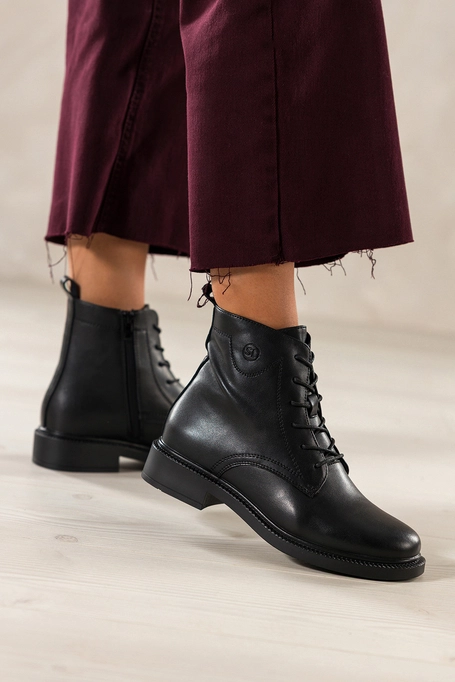 Czarne botki skórzane damskie Sergio Leone na szerokim klocku ozdobna podeszwa sznurowane YG74827-H