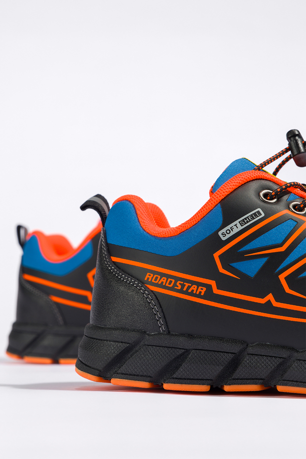 Niebieskie buty trekkingowe damskie buty sportowe na bieżnikowanej podeszwie z regulowaną elastyczną sznurówką pomarańczowe wstawki softshell Casu 2309-6W