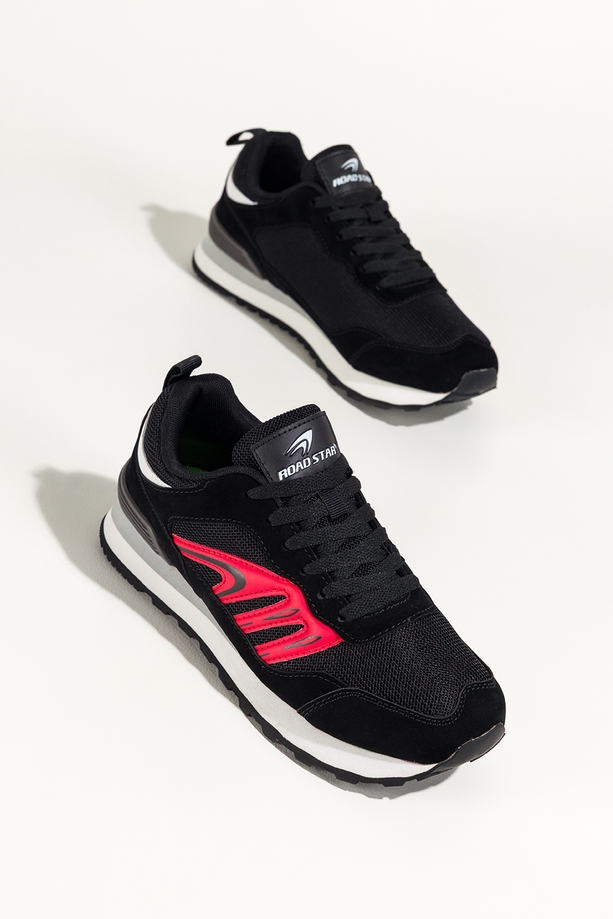 Czarne sneakersy damskie buty sportowe na żłobionej podeszwie sznurowane czerwone wstawki Casu 7398-2D