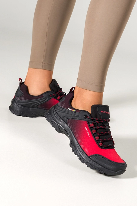 Czerwone buty trekkingowe damskie buty sportowe softshell na bieżnikowanej podeszwie sznurowane czarne wstawki Carla 8529