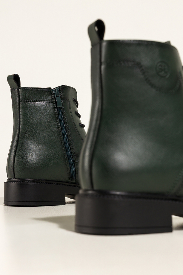 Zielone botki skórzane damskie Sergio Leone na szerokim klocku ozdobna podeszwa sznurowane YG74827-H