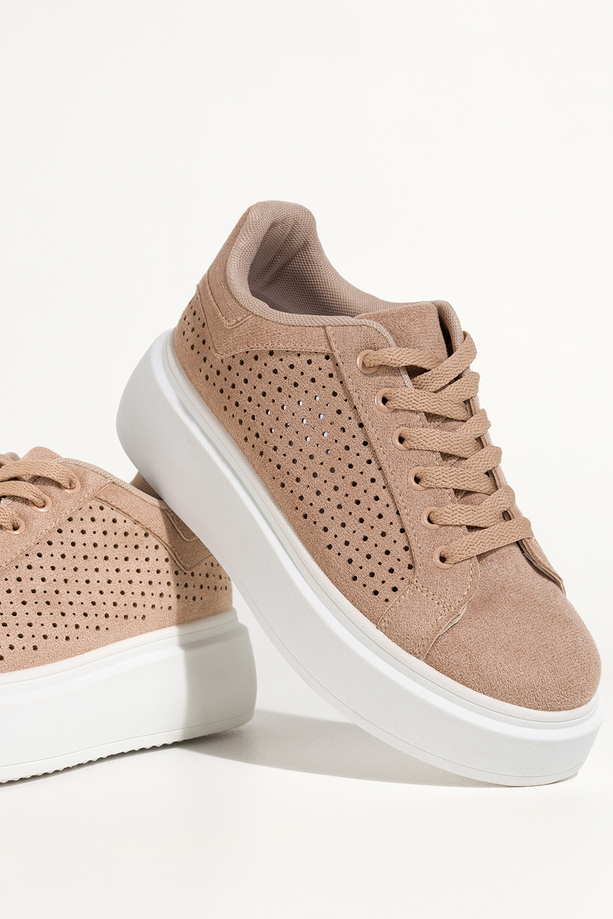 Beżowe sneakersy damskie buty sportowe ażurowe na platformie sznurowane Carla YO349K