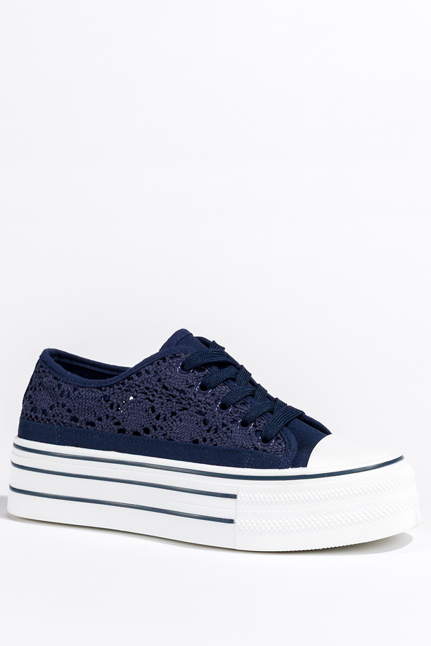 Granatowe trampki damskie ażurowe sneakersy na platformie koronkowe sznurowane Carla BA152-12