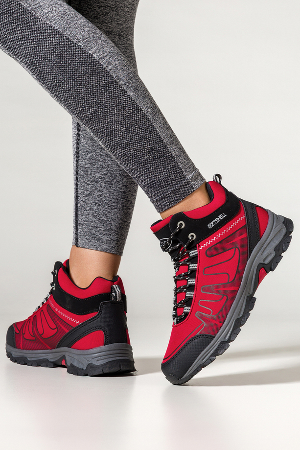 Czerwone buty trekkingowe damskie z czarnymi dodatkami sznurowane softshell Casu B2112-4