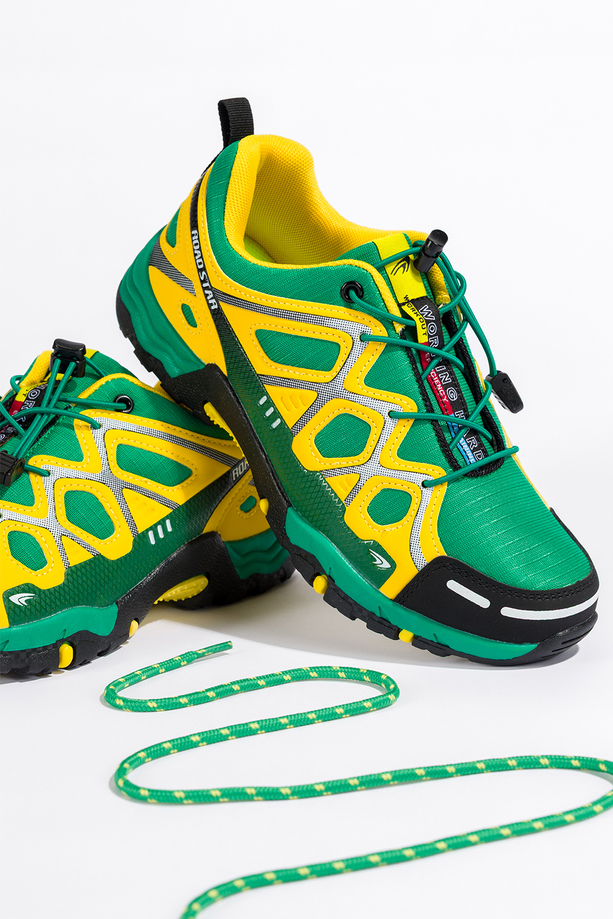 Zielone buty sportowe trekkingowe damskie na bieżnikowanej podeszwie z regulowaną elastyczną sznurówką żółte wstawki Casu 2101-4W