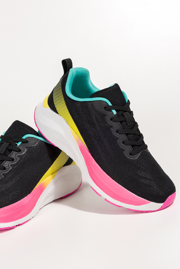 Czarne sneakersy damskie buty sportowe do biegania biała platforma turkusowe i różowe wstawki sznurowane Casu 9032-1