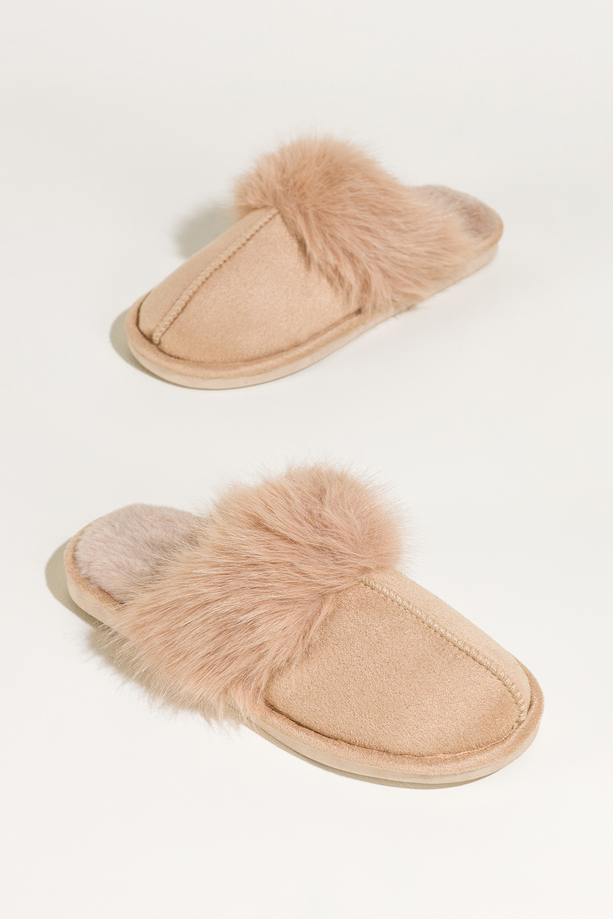 Beżowe kapcie damskie obuwie domowe z futerkiem Casu 7975-8