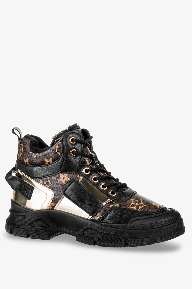 Czarne botki sneakersy damskie z futerkiem sznurowane Casu MB-113