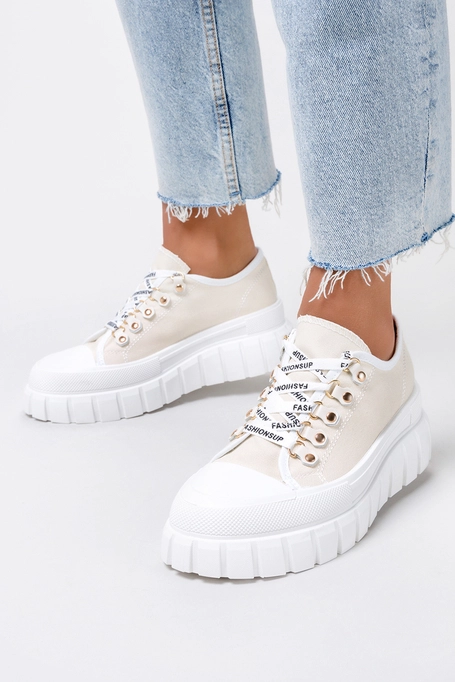 Beżowe trampki creepersy na platformie damskie buty sportowe z ozdobną sznurówką Casu G8383-5