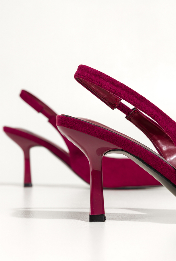 Bordowe czółenka damskie szpilki z odkrytą piętą obcas kieliszek pasek z elastyczną gumą Carla 1661-719Z