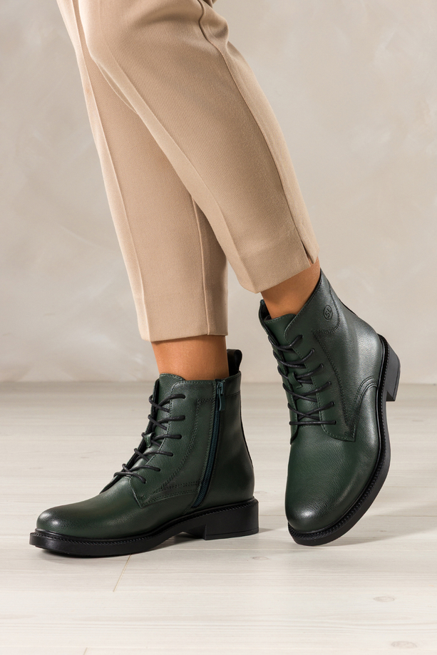 Zielone botki skórzane damskie Sergio Leone na szerokim klocku ozdobna podeszwa sznurowane YG74827-H