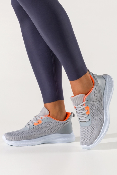 Szare sneakersy damskie buty sportowe na fitness elastyczna biała podeszwa pomarańczowe wstawki sznurowane Casu HL22122-5