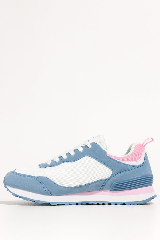 Niebieskie sneakersy damskie buty sportowe na żłobionej podeszwie sznurowane białe i różowe wstawki Casu 7398-88D