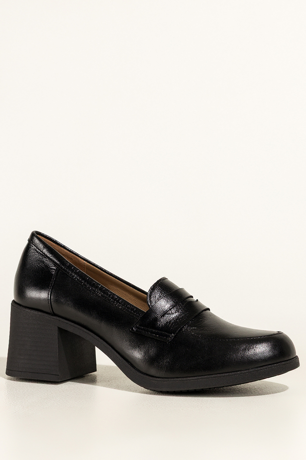 Czarne mokasyny skórzane damskie na szerokim klocku ozdobny pasek PRODUKT POLSKI Casu 2762