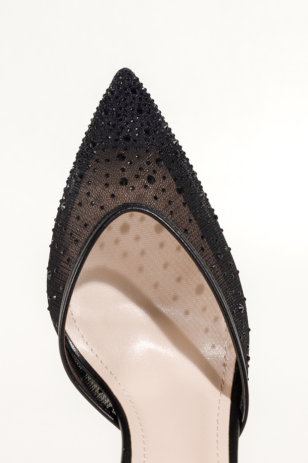 Czarne czółenka damskie szpilki z siateczką ozdobione cyrkoniami odkryta pięta pasek wokół kostki obcas kieliszek Carla N874