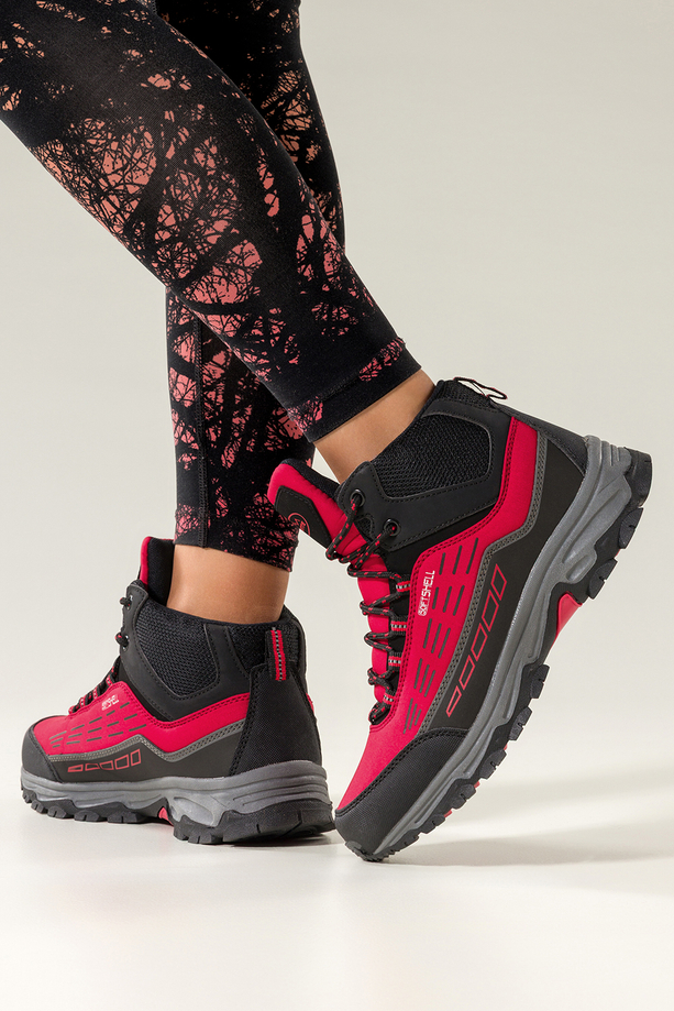 Czerwone buty trekkingowe damskie z czarnymi dodatkami sznurowane softshell Casu Y7994-5