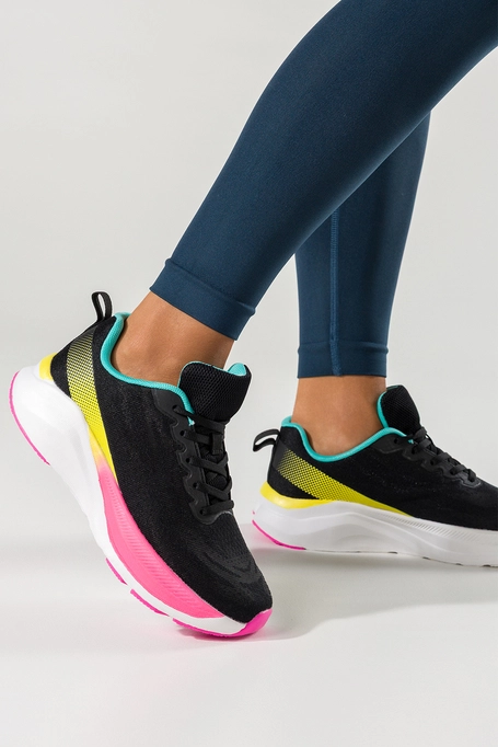 Czarne sneakersy damskie buty sportowe do biegania biała platforma turkusowe i różowe wstawki sznurowane Casu 9032-1