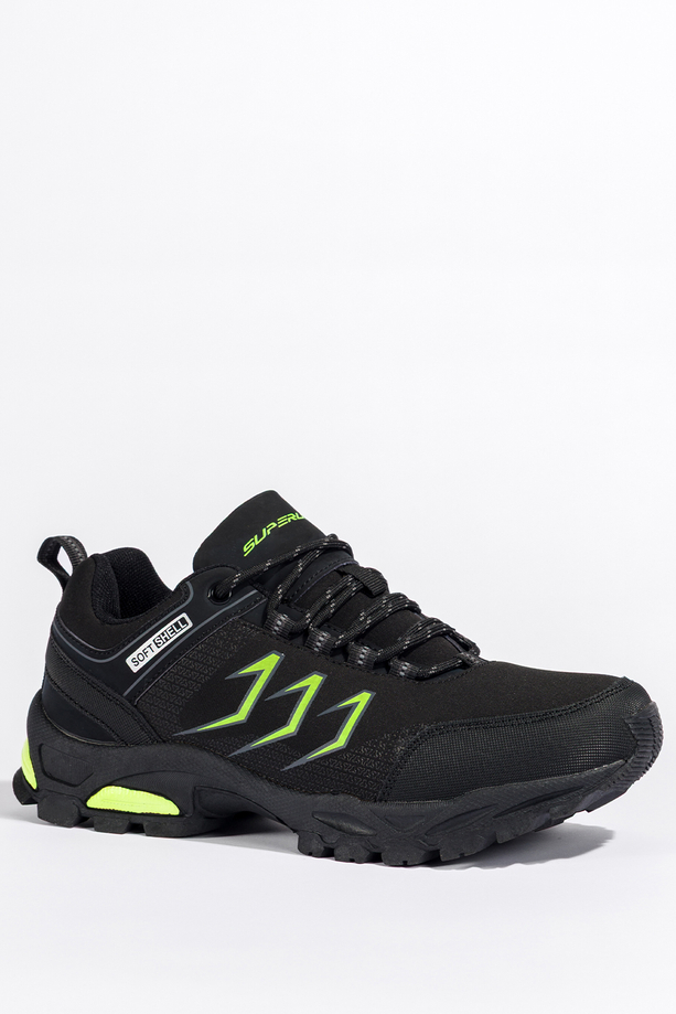 Czarne buty trekkingowe damskie buty sportowe softshell na bieżnikowanej podeszwie seledynowe wstawki sznurowane Carla 8633
