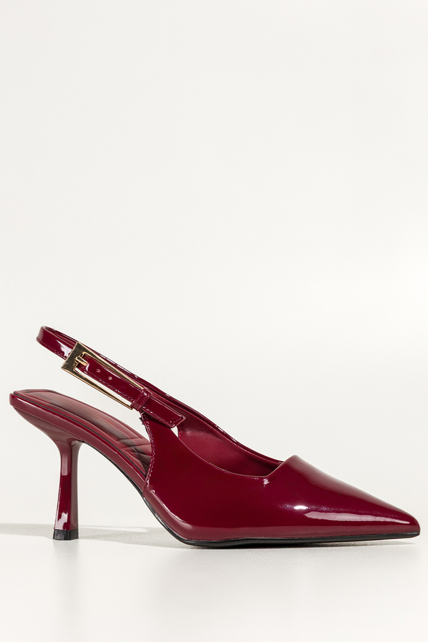 Bordowe czółenka damskie lakierowane szpilki z odkrytą piętą obcas kieliszek Carla 496-61