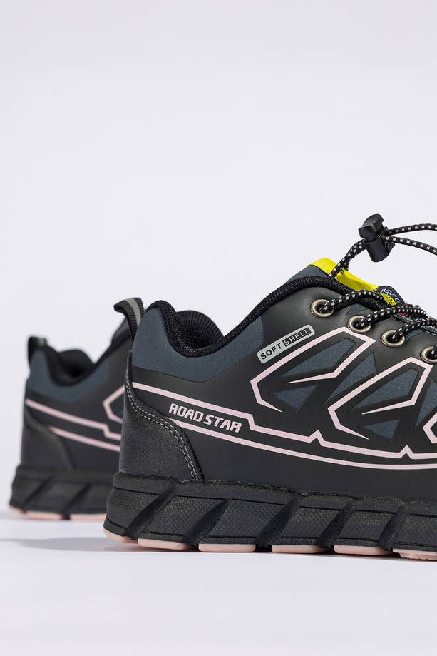 Czarne buty trekkingowe damskie buty sportowe na bieżnikowanej podeszwie z regulowaną elastyczną sznurówką różowe wstawki softshell Casu 2309-9W