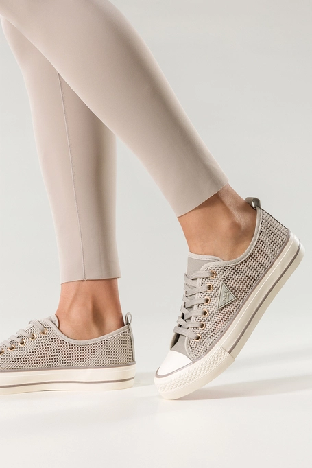 Szare trampki damskie ażurowe sneakersy na platformie sznurowane ozdoba na cholewce Carla QY838-13