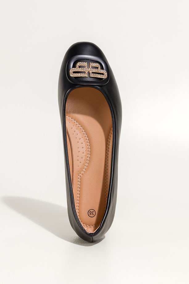 Czarne baleriny damskie płaskie złota ozdoba z cyrkoniami Carla AZ41K