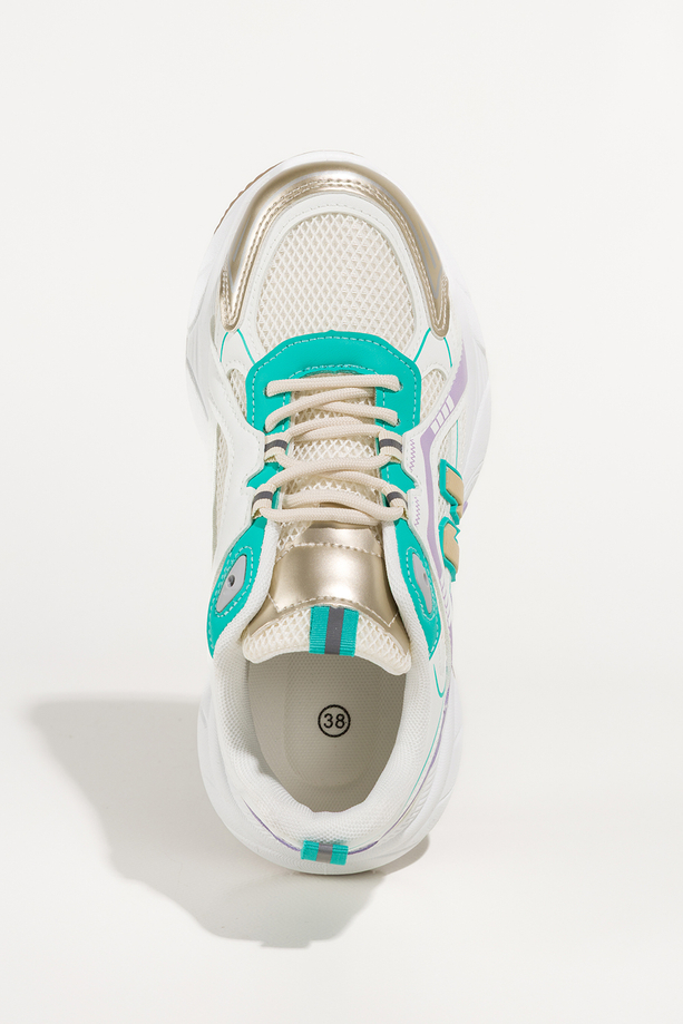 Kremowe sneakersy damskie buty sportowe z perforacją na białej bieżnikowanej platformie kolorowe wstawki sznurowane Casu BB-853