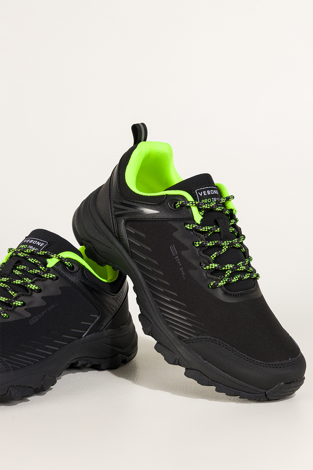 Czarne buty trekkingowe damskie buty sportowe softshell na bieżnikowanej podeszwie seledynowe wstawki sznurowane Carla EY0976-8